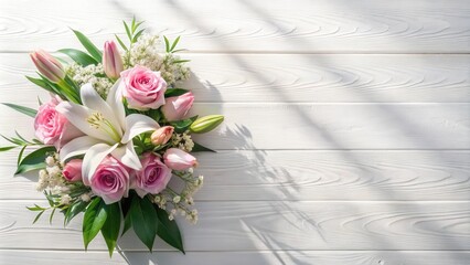 Elegant Pink Roses and Lily Bouquet on White Wooden Background