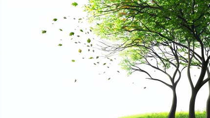 Obraz premium Gentle Wind Carrying Leaves from Lush Green Trees Under Bright Clear Sky in Serene Natural Setting