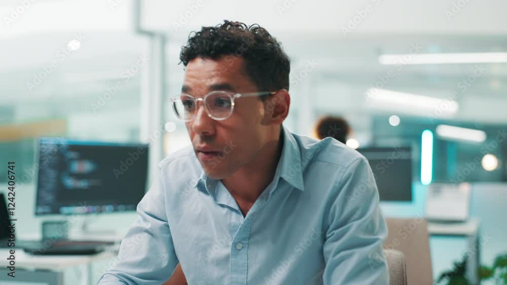 Poster Programmer, glasses and man on technology for research, project and cybersecurity update in office. Face, coding and developer with computer for web development, programming and building software