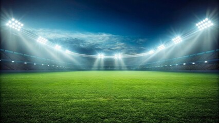 Dramatic Night Sky Over Empty Football Field with Bright Floodlights Illuminating the Grass