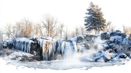 Fototapeta premium Serene Winter Wonderland with Frozen Waterfall and Icicles Surrounded by Snowy Trees and Misty Landscape