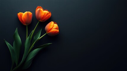 Three Orange Tulips on Dark Background