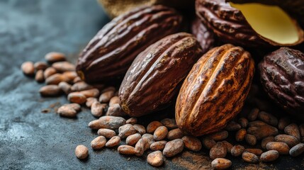 Close-Up of Raw Cocoa Pods and Cocoa Beans on Dark Surface, Showcasing Rich Textures and Natural Colors for Food and Culinary Themes