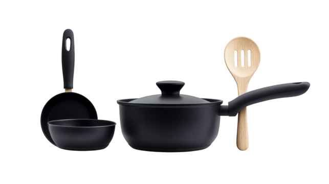 Black cooking pot with wooden handle spoons, kitchen essentials for culinary creations