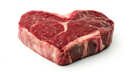 Obraz premium Heart-Shaped Raw Beef Steak Ready for Cooking on a White Background Ideal for Romantic Dinners, Barbecues, and Culinary Displays