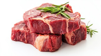Fresh raw beef steaks with marbling and green rosemary garnishing isolated on white background, perfect for culinary and food photography concepts and recipes.