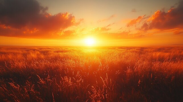 Golden sunset over grassy field with cloudy sky