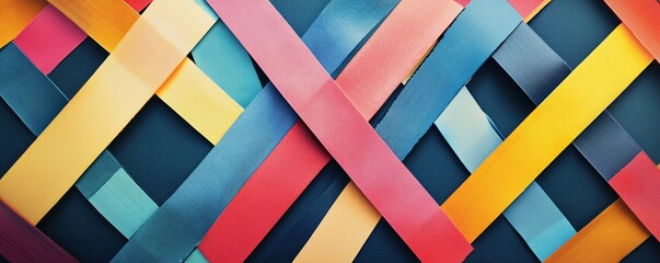 Vibrant and geometric pattern of colorful interwoven stripes set against a dark background