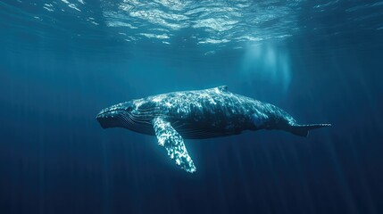 Majestic Humpback Whale Swimming Gracefully Beneath the Ocean Surface in Crystal Clear Water Surrounded by Sunlight Beams in a Serene Underwater Environment