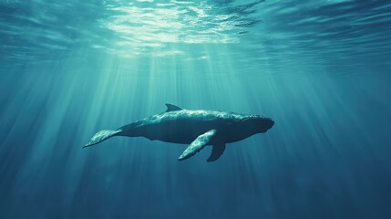 Fototapeta premium Graceful Humpback Whale Swimming in Deep Blue Ocean Light Rays Streaming Through Water Surface Capturing Marine Life Beauty Underwater