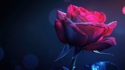 A Single Dew Kissed Crimson Rose In Night Lighting