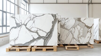 Large marble slabs in a bright workspace.