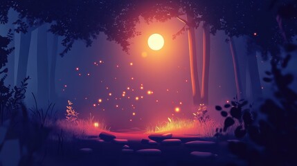 Obraz premium Enchanting Moonlit Forest With Fireflies and Stream