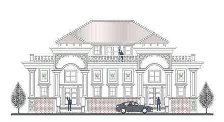 Facade of 2 storeys symmetrical modern classic building with 3 doors, 9 windows, 6 columns, balustrade, frames, decoration, stairs, crowns, canopy and trapezoidal roof.