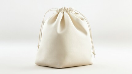 Obraz premium Cream drawstring pouch on white background.