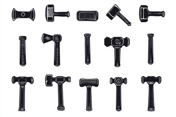 Obraz premium Vintage Black and White Hand Tools Collection - Hammers and Axes Illustration