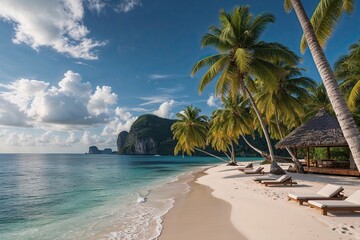 Breathtaking View of a Secluded Beach with Coconut Palm Trees and Relaxing Tropical Beauty