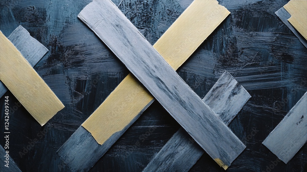 Aufkleber Geometric pattern with intertwined grey and gold stripes in an abstract composition on a textured surface