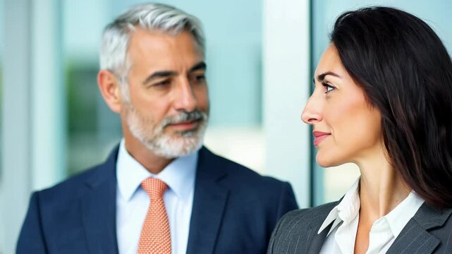 Male and female business couple posing smiling outside of their business office building looking at the camera