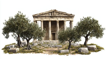Obraz premium Ancient Greek Temple Surrounded by Olive Trees and Ruins Under Clear Blue Sky in Bright Daylight