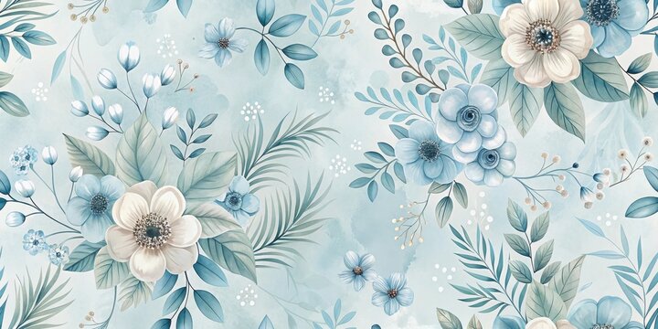 Fototapeta Serene Blue and White Floral Watercolor Pattern Design for Fabric and Home Decor