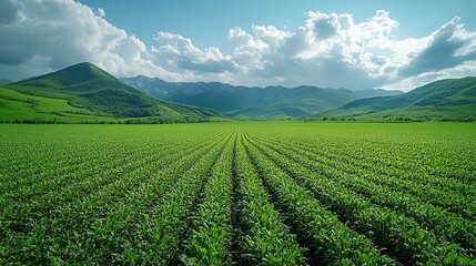 Green crop field, mountain valley, cloudy sky