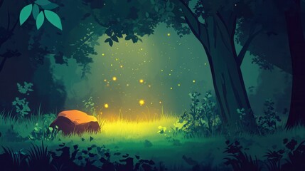 Fototapeta premium Enchanted Forest Night Scene With Fireflies And Rock