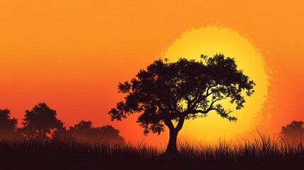 Fototapeta premium Silhouetted Tree Stands Tall Against a Vibrant Sunset