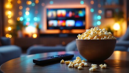 Cozy home movie night with bowl of popcorn and remote in living room