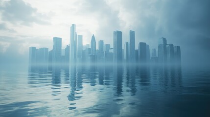 Fototapeta premium Ethereal Urban Landscape with Skyscrapers Emerging from Mist over Calm Water in a Dreamlike Cityscape at Dusk with Atmospheric Scene