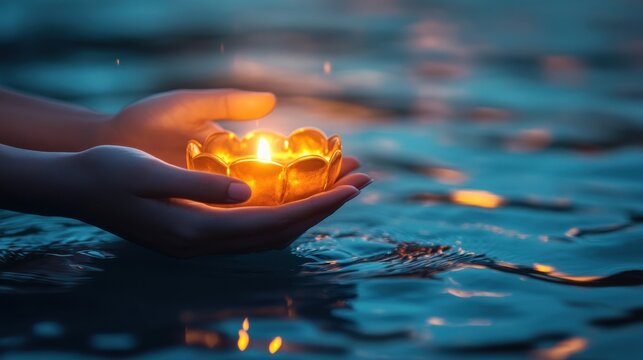Two hands gently hold a glowing lotus-shaped candle above water. Perfect for themes of peace, hope, and remembrance.