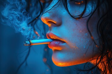Obraz premium Smoky Haze: A close-up portrait of a young woman with wet hair, bathed in a contrasting blue and orange light, captures her as she inhales a cigarette.