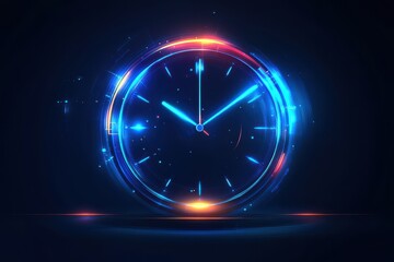 Futuristic glowing clock with neon effect. Ideal for time, technology, or deadline concepts.
