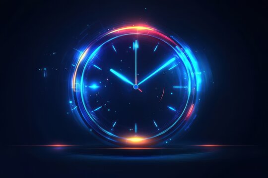 Futuristic glowing clock with neon effect. Ideal for time, technology, or deadline concepts.