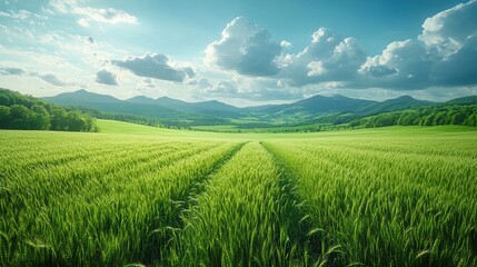 Naklejka premium Green field with tire tracks, mountains, and cloudy sky