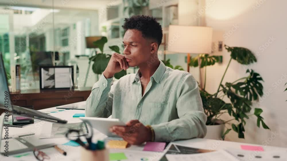 Aufkleber Man, tablet and thinking with documents at startup with stress, decision and problem solving with graphs. Person, touchscreen and social media manager with laptop for solution at creative agency