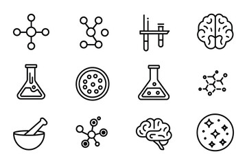 Science and Research Line Icons Set – Molecular, Chemistry, Brain, Space, and Lab Symbols