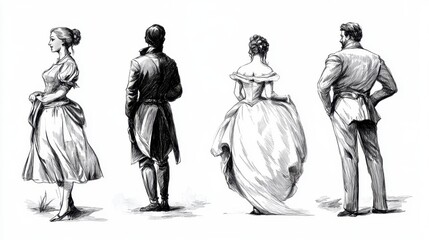 Obraz premium Elegant Sketch of Vintage Fashion from the 19th Century Art Style