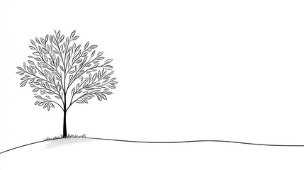Single tree drawing, hill landscape, white background, nature illustration, design element