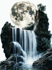 Enchanting Waterfall Under a Radiant Full Moon Illuminating a Serene Landscape