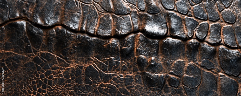 Poster close-up of a horizontal crack in textured brown crocodile leather, creating a rugged surface