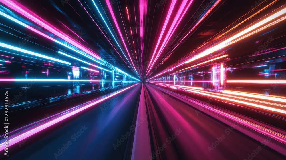 Poster futuristic tunnel with neon light streaks escaping through space, creating a dynamic and vibrant vis