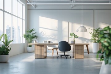 Bright Minimalistic Workspace Interior for Presentations with Soft Focus and Sleek Design