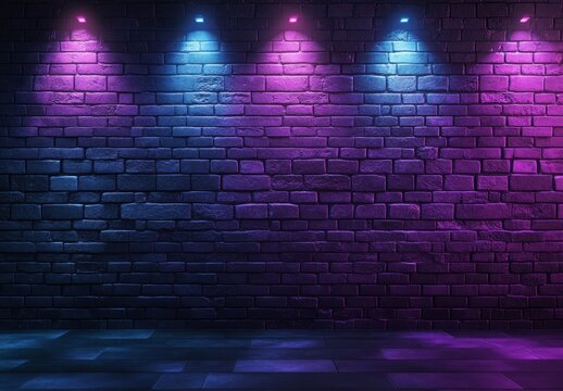 Fototapeta Neon lights illuminate brick wall, stage background