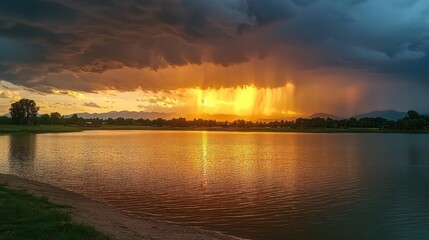 Fototapeta premium Sunset storm over lake with mountain backdrop.