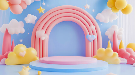 A playful archway surrounded by soft, fluffy shapes in a dreamy landscape.
