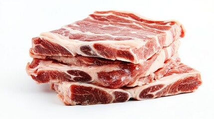 Fototapeta premium Fresh Raw Pork Shoulder Cut Stacked on a White Background Ideal for Cooking and Culinary Presentations, Showcasing Marbled Texture and Quality Freshness