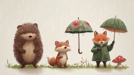 72.A charming collection of rainy-day animals, including a hedgehog with a floral umbrella, a bear in a green raincoat holding a small umbrella, and a fox standing under a mushroom for shelter, all
