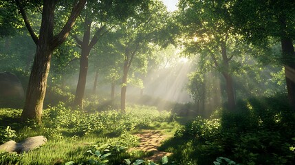 Obraz premium Morning in the forest. Sun rays through the trees. Summer landscape