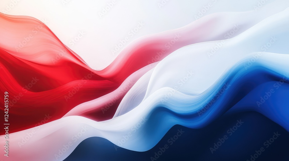 Poster flowing waves of colorful fabric in red, white, and blue tones creating a dynamic abstract backgroun